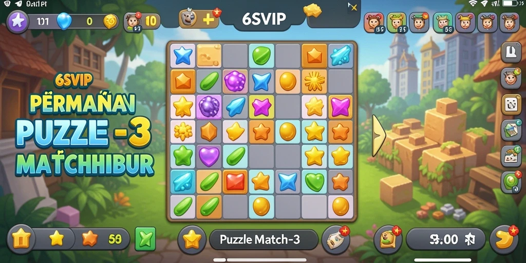 Screenshot antarmuka utama 6SVIP menunjukkan aksi mencocokkan objek Puzzle Match-3.